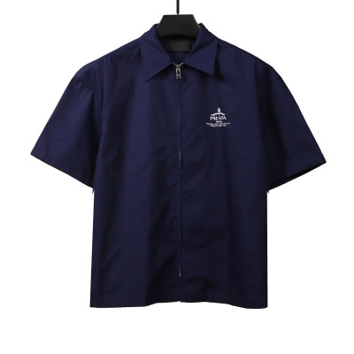 Prada slogan woven short-sleeved shirt blue T-Shirts 01