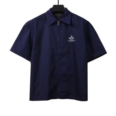  Prada slogan woven short-sleeved shirt blue T-Shirts 01