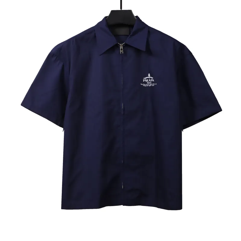  Prada slogan woven short-sleeved shirt blue T-Shirts