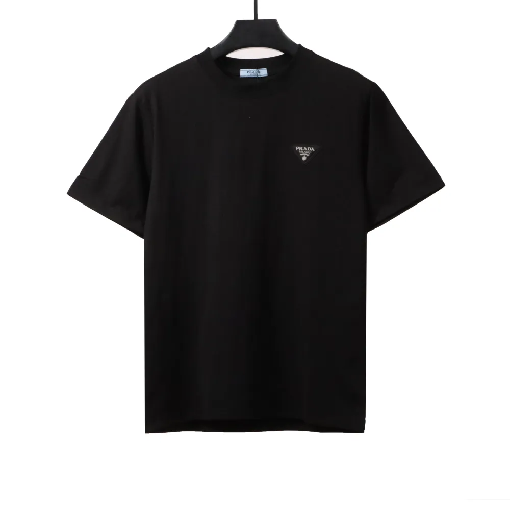  Prada triangle leather logo short sleeve black T-Shirts