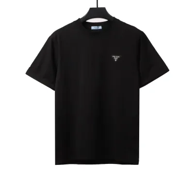  Prada triangle leather logo short sleeve black T-Shirts 01