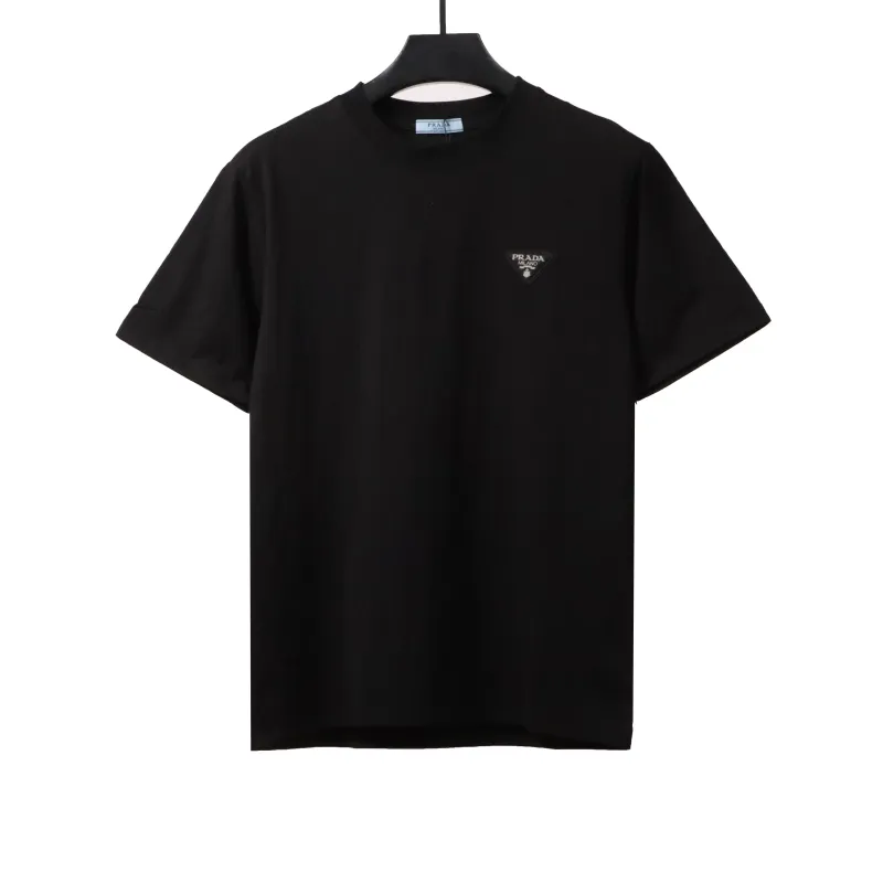  Prada triangle leather logo short sleeve black T-Shirts