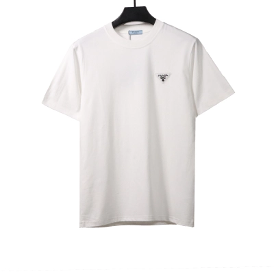  Prada triangle leather logo short sleeve white T-Shirts 01