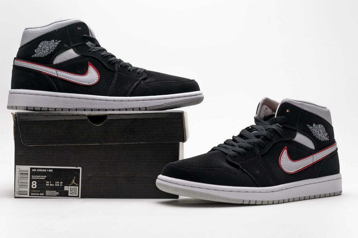  GET Jordan 1 Mid Black Particle Grey Gym Red,554724-060