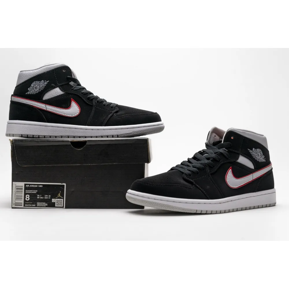 GET Jordan 1 Mid Black Particle Grey Gym Red,554724-060