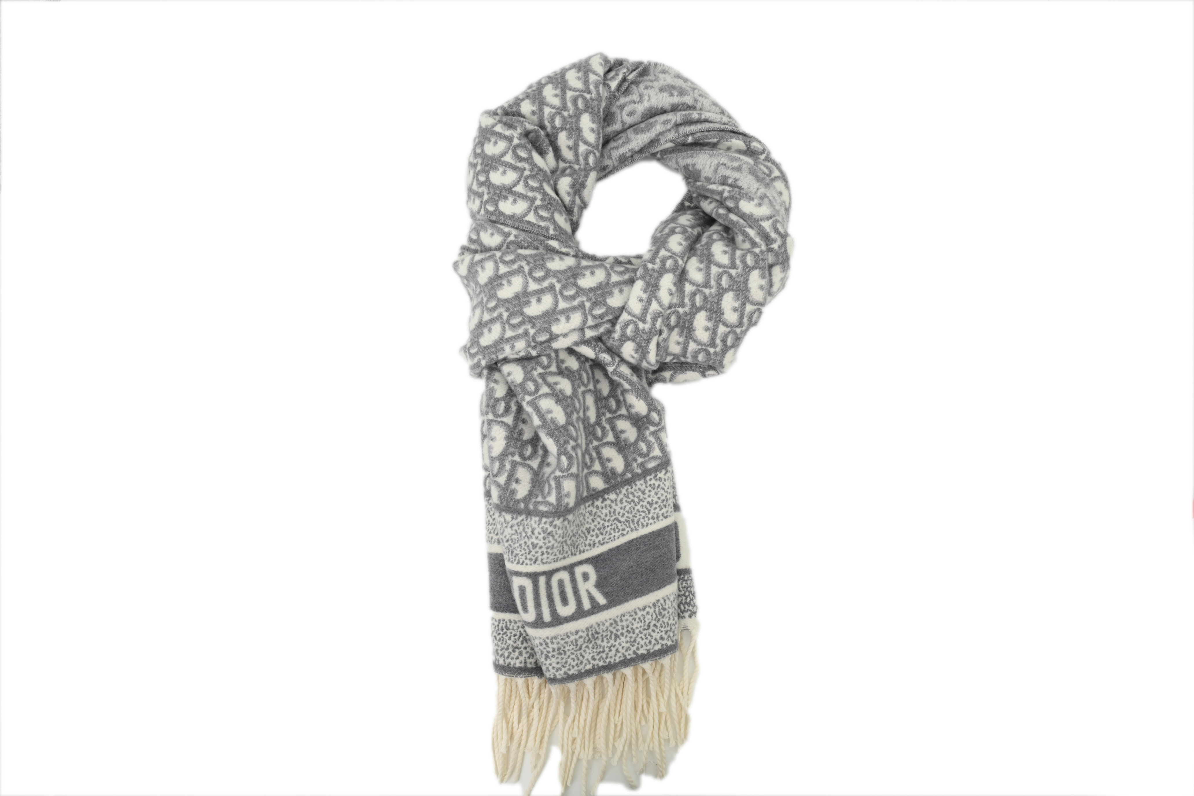 DIOR Unisex Couples' Style Logo Design Fringe Velvet Scarf Full Print Grey