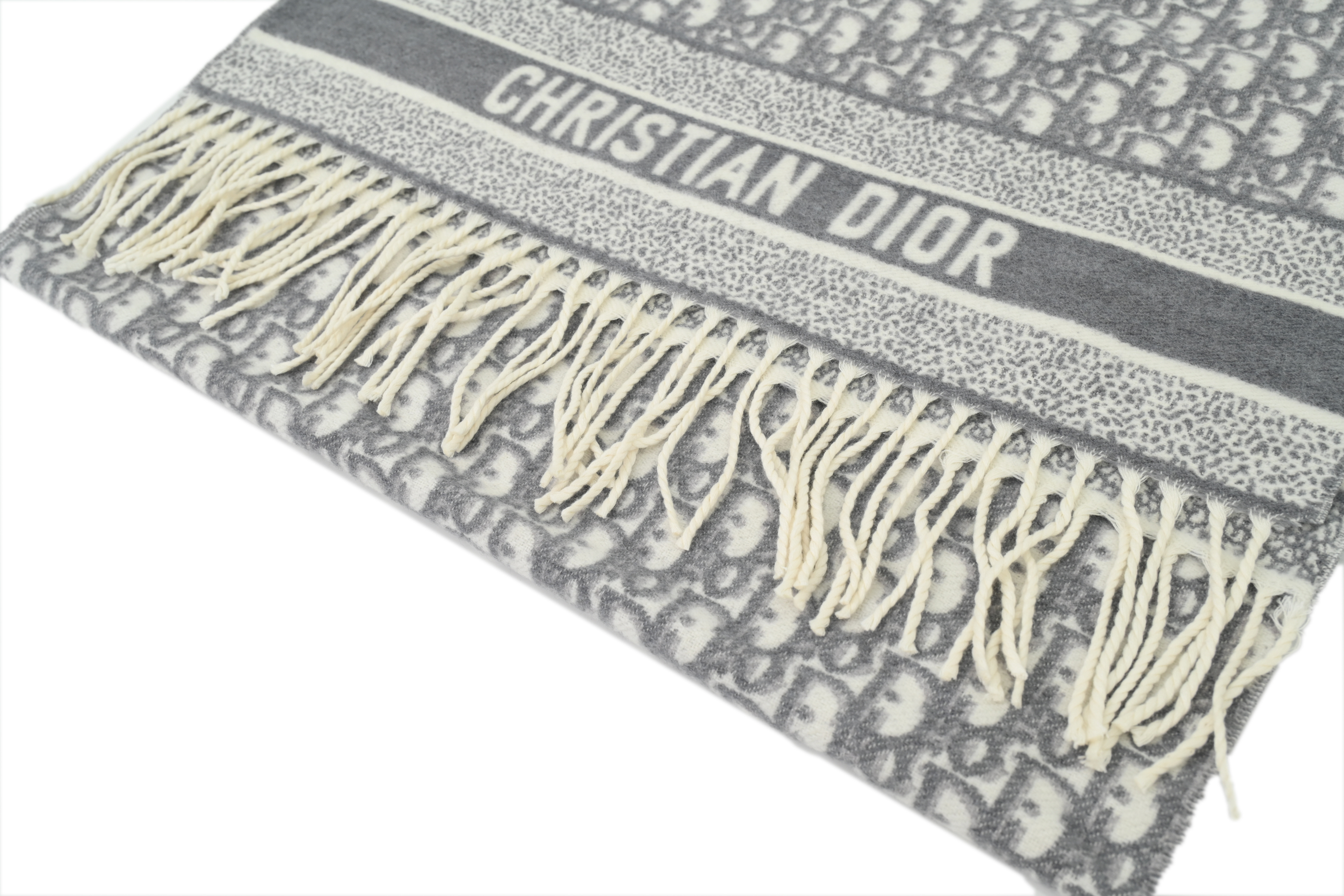 DIOR Unisex Couples' Style Logo Design Fringe Velvet Scarf Full Print Grey