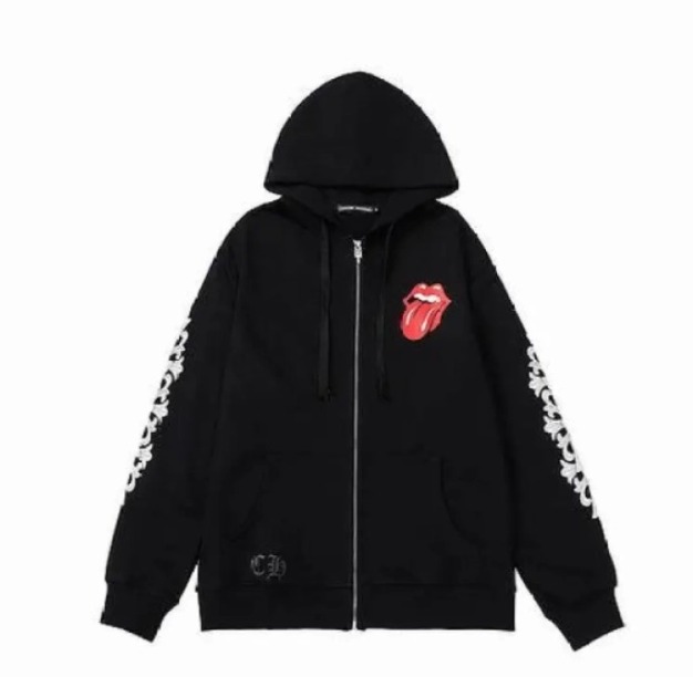 Chrome Hearts × The Rolling Stones Red Tongue Cross Zip Up Hoodie Black