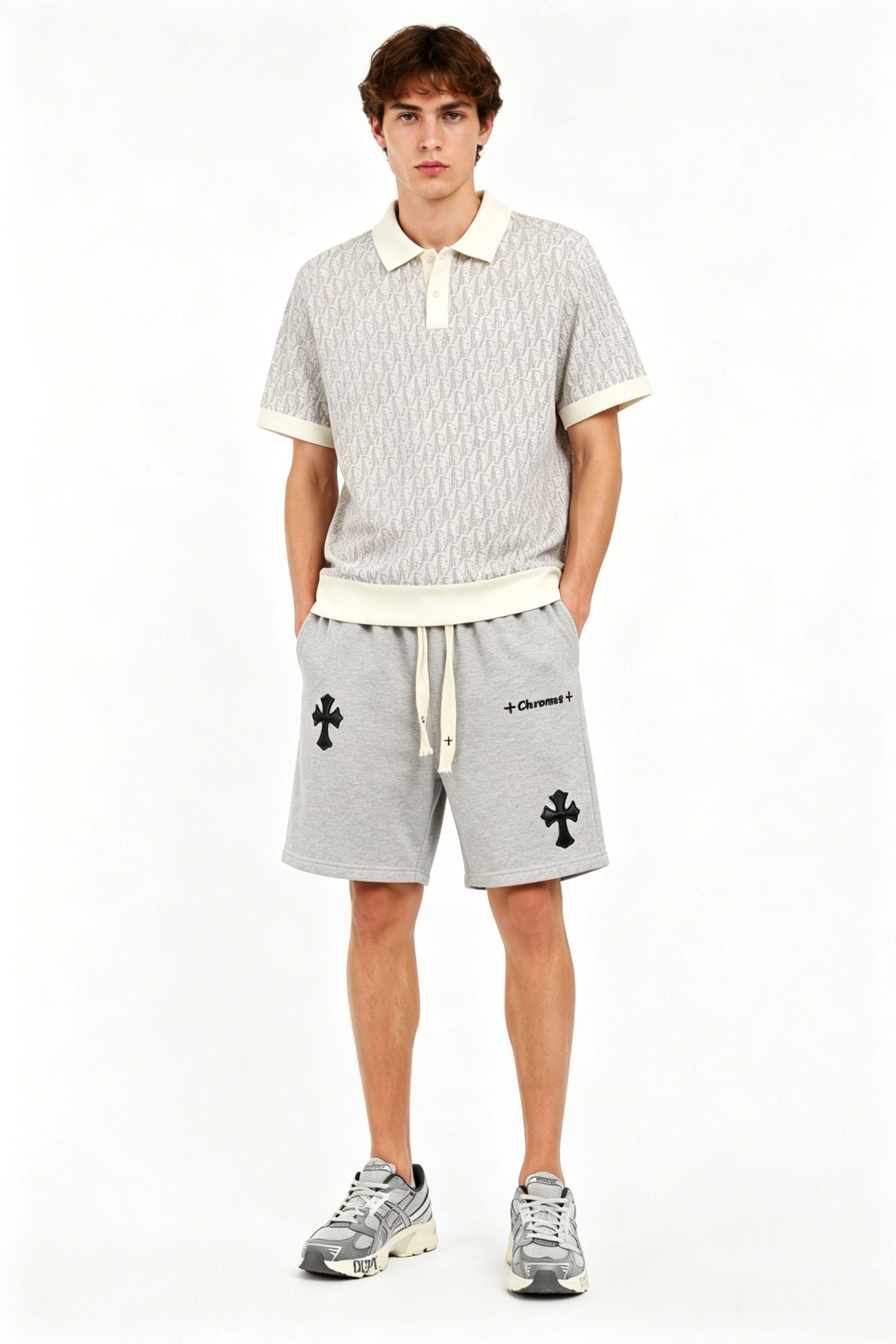 Dior monogram full print knitted POLO2 + Chrome Hearts embroidered Sanskrit cross terry Short Pants gray