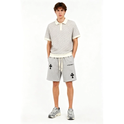 Dior monogram full print knitted POLO2 + Chrome Hearts embroidered Sanskrit cross terry Short Pants gray 01