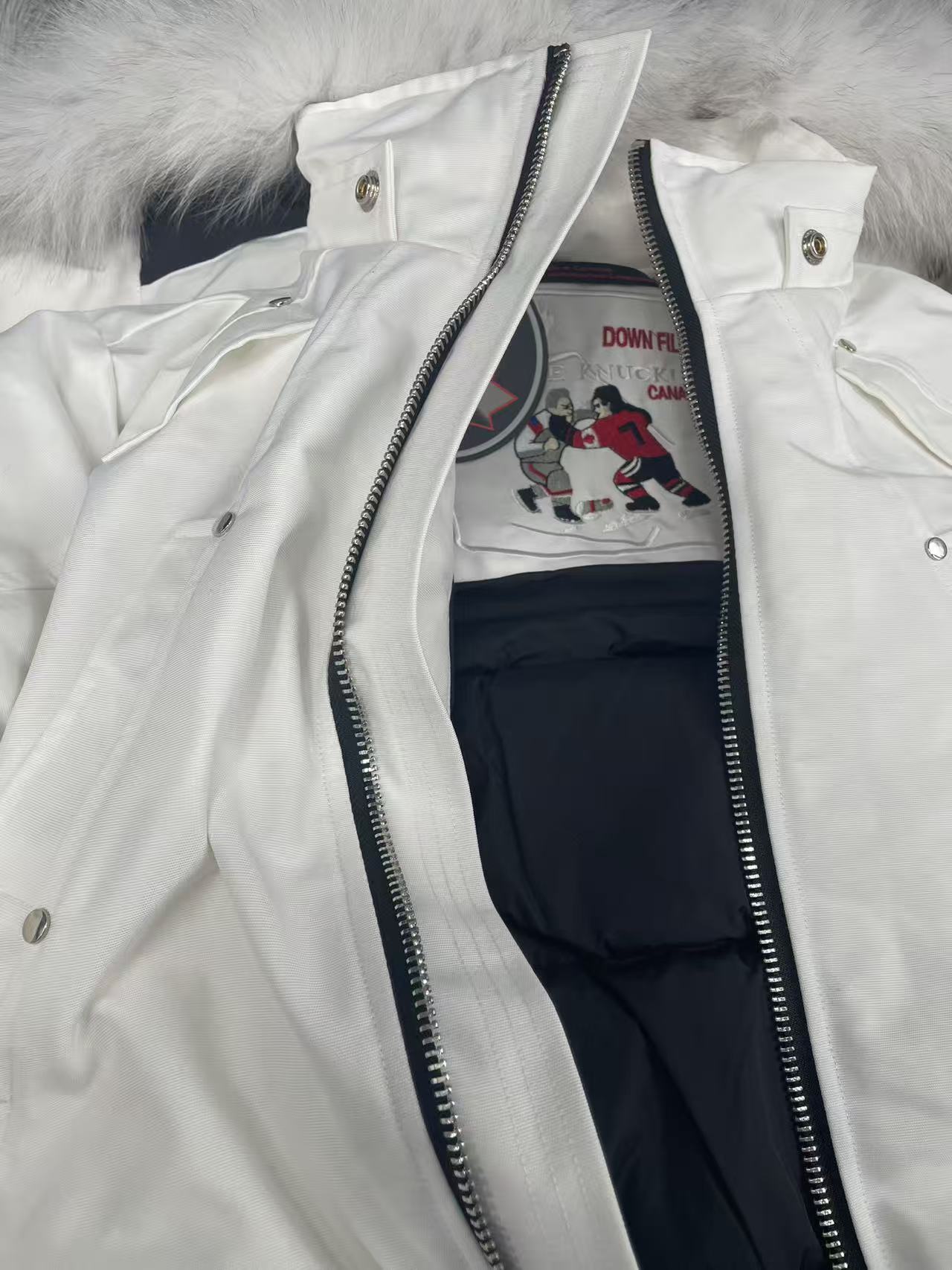 Moose knuckles stirling classic women down jacket with chest pom-poms 03 White/Red/Dark blue review gonna kms 01