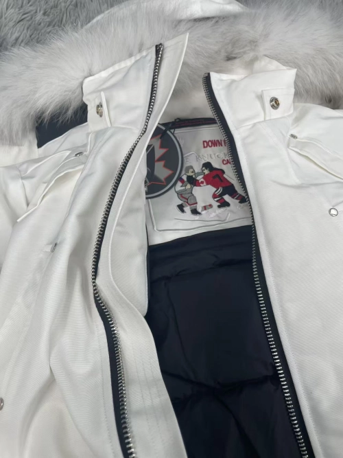 Moose knuckles stirling classic women down jacket with chest pom-poms 03 White/Red/Dark blue review 