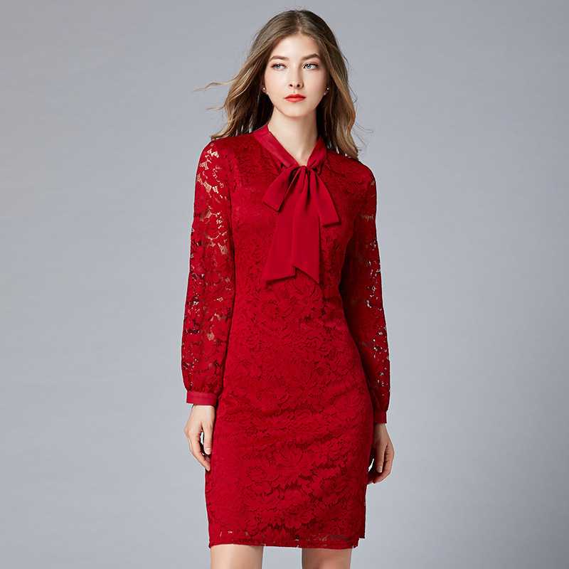 Red Hollow Solid Color Lace Dress 14-16234