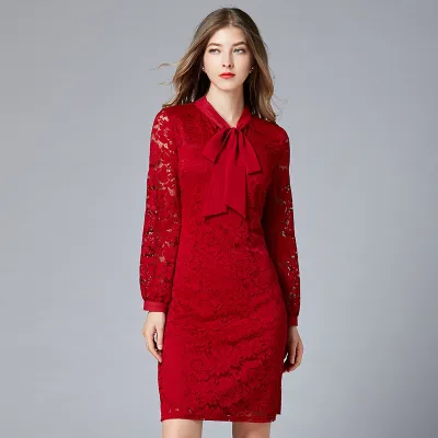 Red Hollow Solid Color Lace Dress 14-16234 01