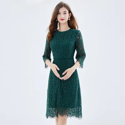 Round Neck Solid Color Lace Dress 14422 01