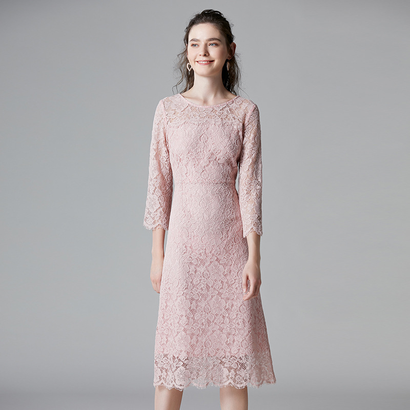 Round Neck Solid Color Lace Dress 14-14326