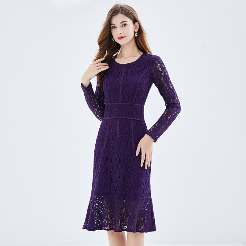 Round Neck Solid Color Lace Dress 14-14426