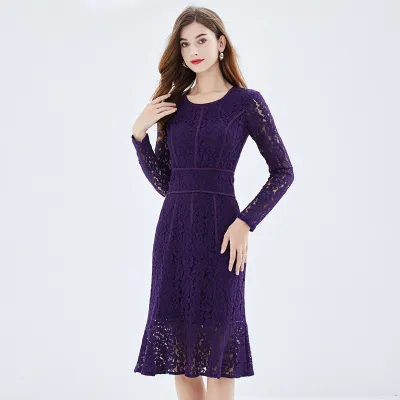 Round Neck Solid Color Lace Dress 14-14426 01