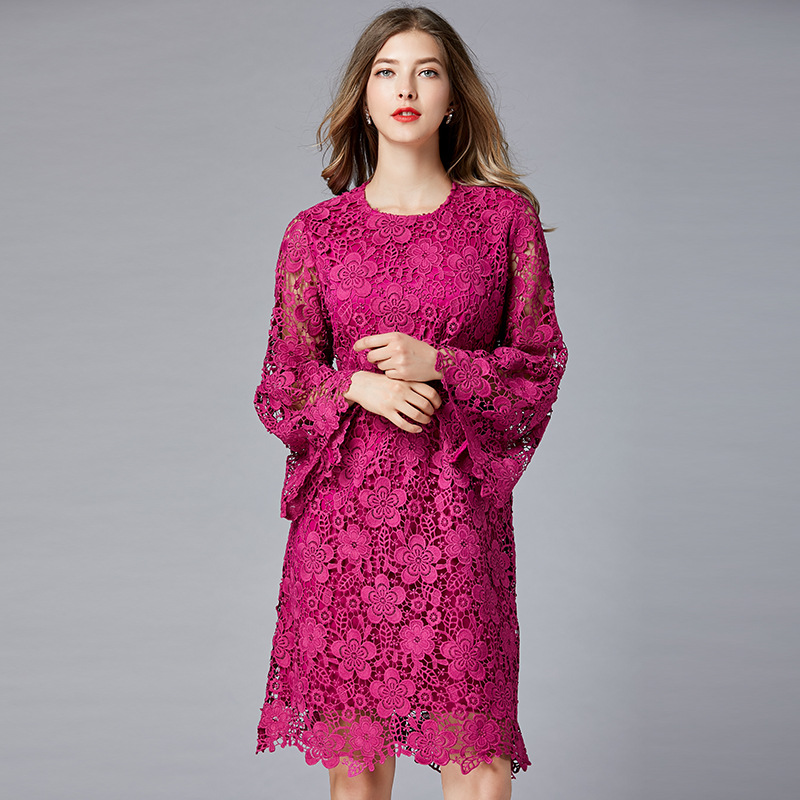 Round Neck Solid Color Lace Dress 14-16276