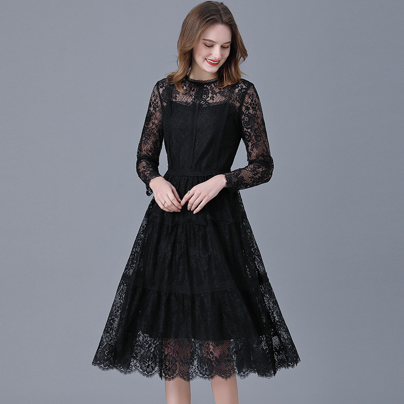 Round Neck Solid Color Lace Dress  14-16378