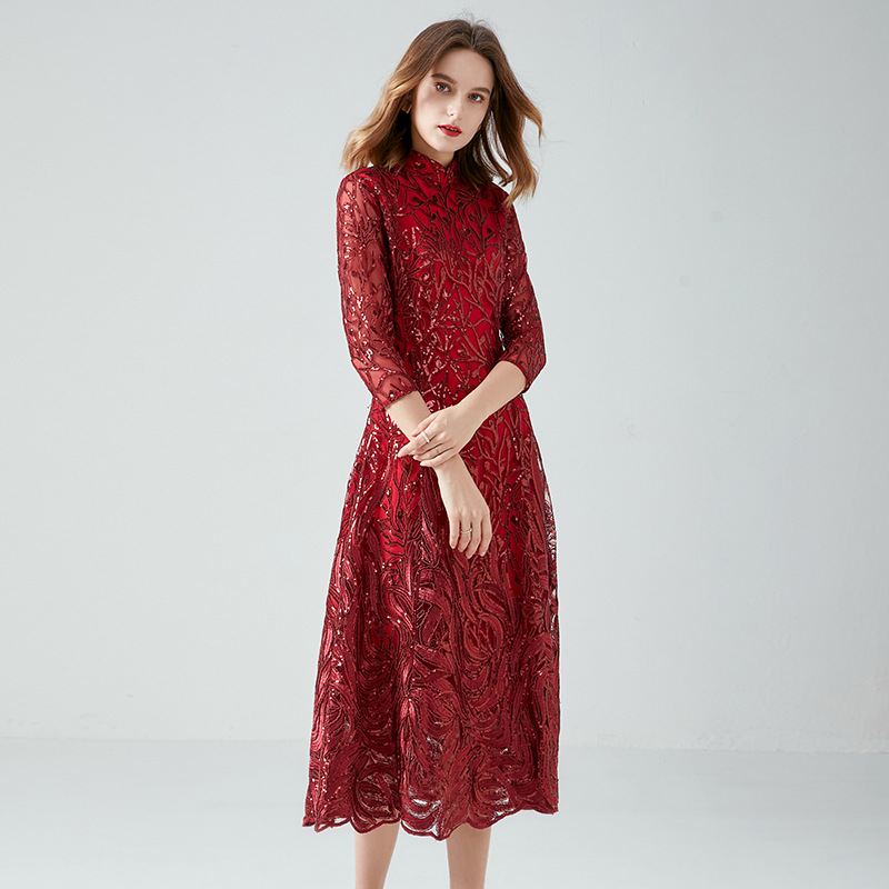 Stand Collar Solid Color Embroidery Dress 14-14380
