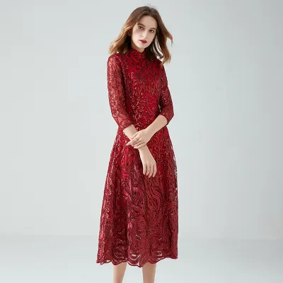 Stand Collar Solid Color Embroidery Dress 14-14380 01