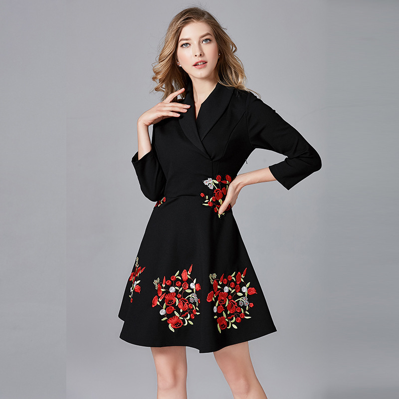 V Neck Black Embroidery Dress 14-14232