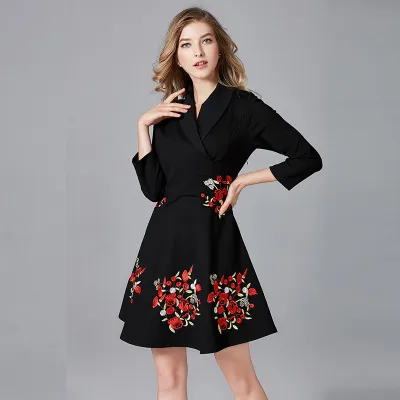 V Neck Black Embroidery Dress 14-14232 01