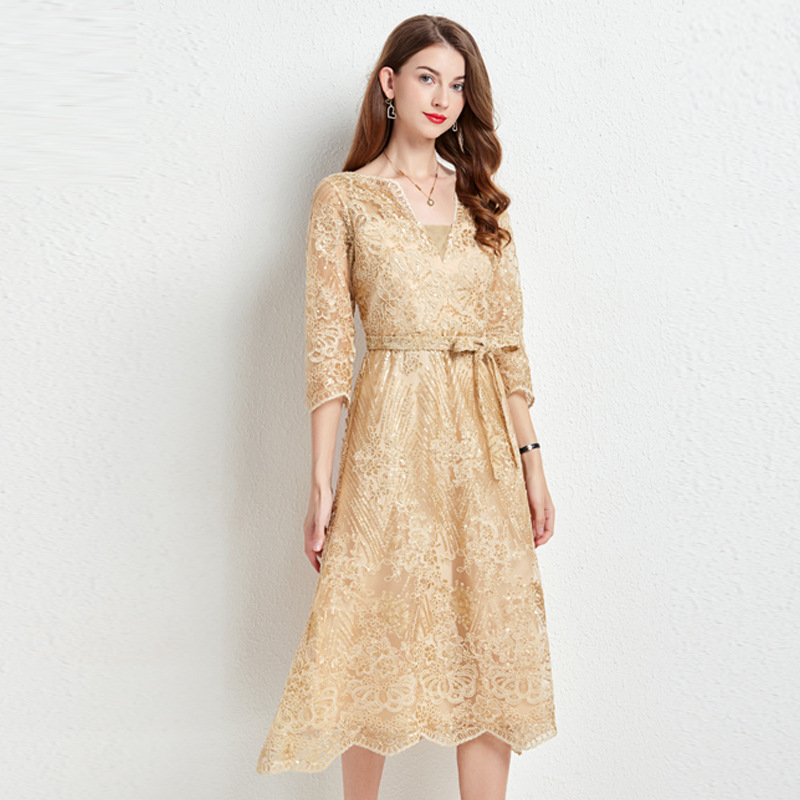 V Neck Solid Color Lace Dress 14436