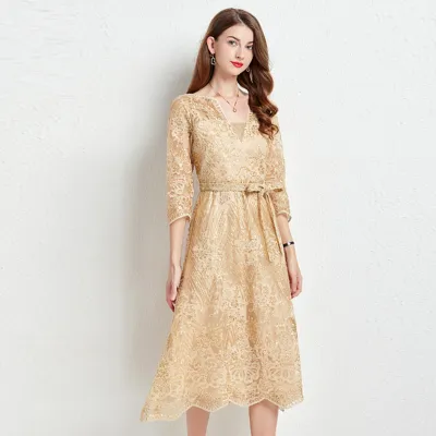 V Neck Solid Color Lace Dress 14436 01