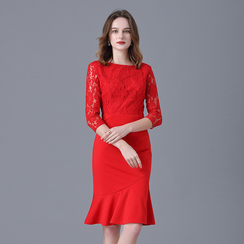 Round Neck Red Fishtail Lace Evening Dress 14-16348
