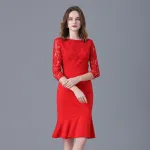 Round Neck Red Fishtail Lace Evening Dress 14-16348
