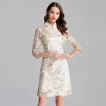 Stand Collar Embroidery Hollow Dress 14-11634