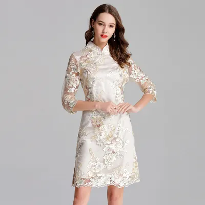 Stand Collar Embroidery Hollow Dress 14-11634 01