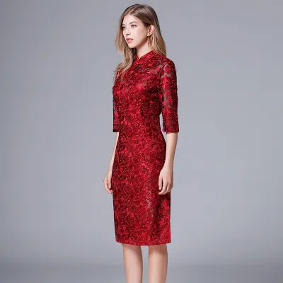 Stand Collar Solid Color Lace Dress 14-14190 01