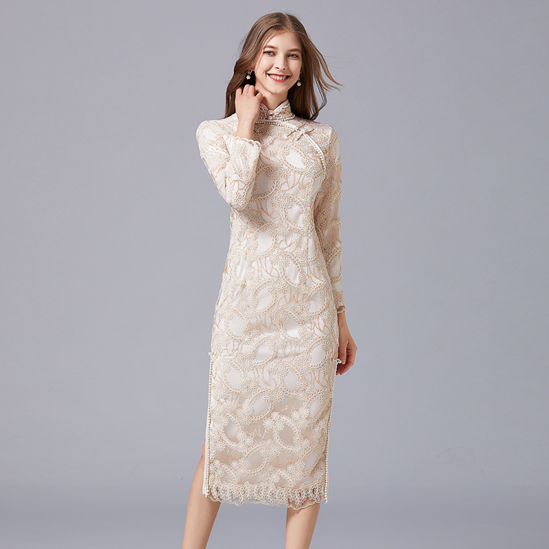 Stand Collar Solid Color Long Sleeves Lace Dress 14390