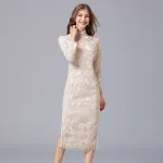 Stand Collar Solid Color Long Sleeves Lace Dress 14390