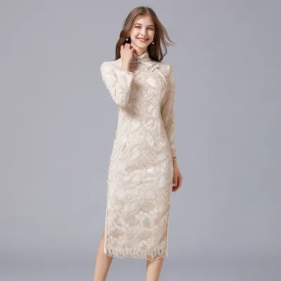 Stand Collar Solid Color Long Sleeves Lace Dress 14390 01