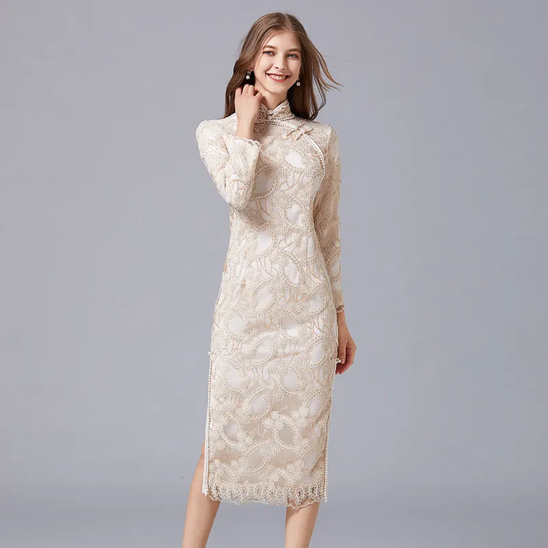 Stand Collar Solid Color Long Sleeves Lace Dress 14390