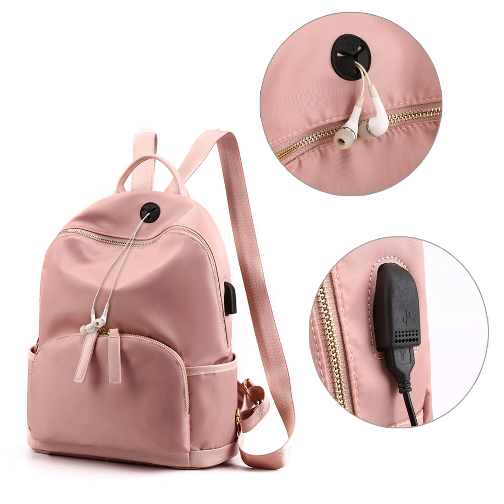 Travel Backpack with USB Charging Port Earphone Hole Nylon Casual Daypack Lightweight Waterproof School Bags for Women 