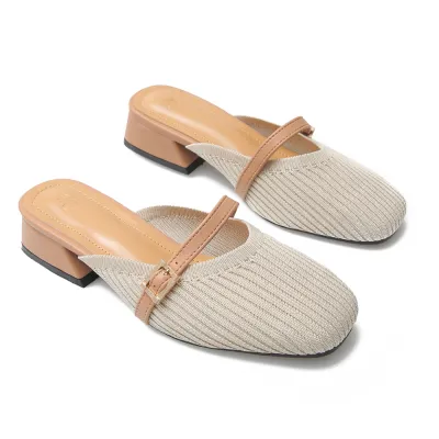 2021 New Womens Mules Slip on Fly Woven Vamp Flats Comfortable Walking Slippers Shoes 01