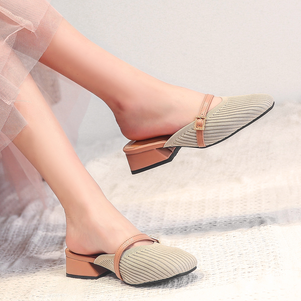 2021 New Womens Mules Slip on Fly Woven Vamp Flats Comfortable Walking Slippers Shoes