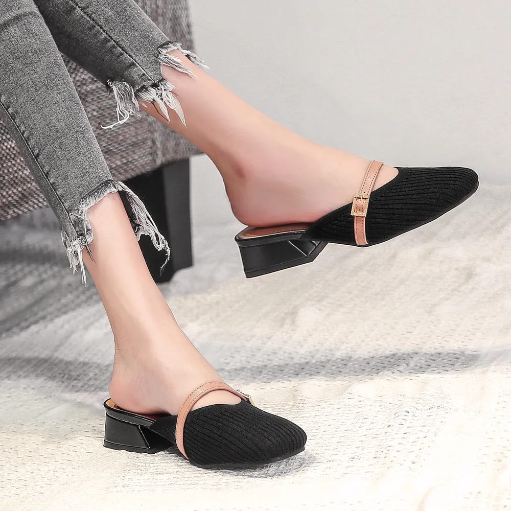 2021 New Womens Mules Slip on Fly Woven Vamp Flats Comfortable Walking Slippers Shoes