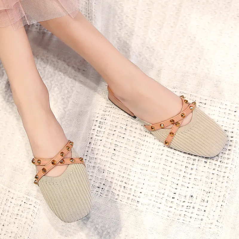 2021 New Womens Mules Slip on Fly Woven Vamp Flats Comfortable Walking Slippers Shoes