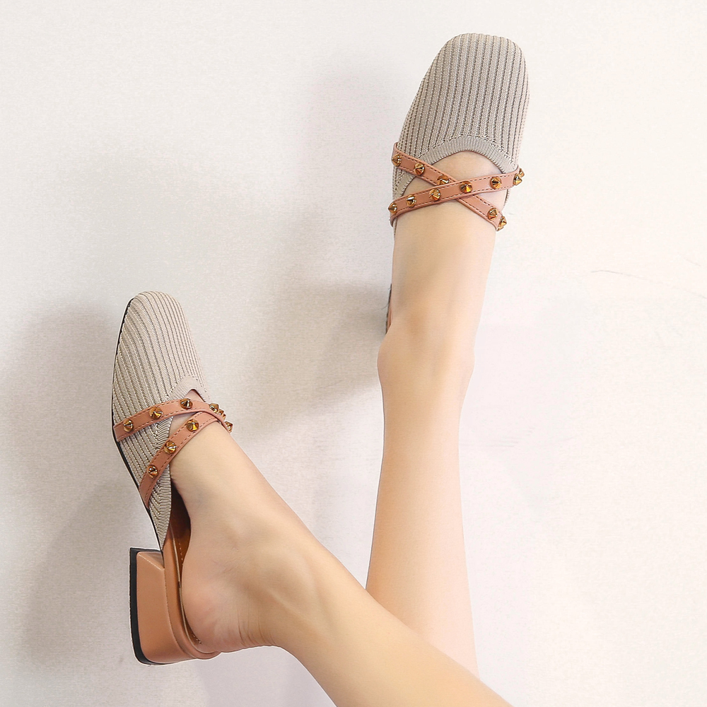 2021 New Womens Mules Slip on Fly Woven Vamp Flats Comfortable Walking Slippers Shoes