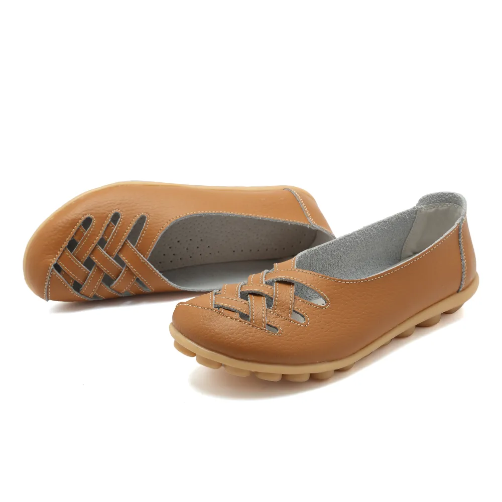 Leather Flats for Women Casual Round Toe Slip on Shoes Soft Comfortable Walking Loafers  