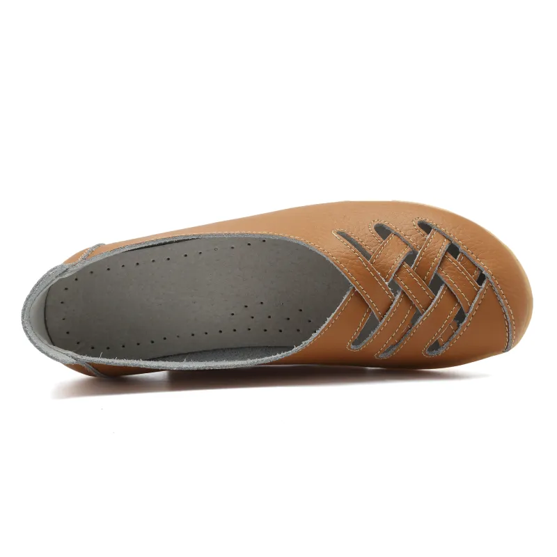 Leather Flats for Women Casual Round Toe Slip on Shoes Soft Comfortable Walking Loafers  