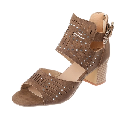 Womens Sandals Open Toe Ladies Hollow Chunky High Heel Roman Sandals Buckle Strap Cut Out Sandals Casual Beach Shoes 01