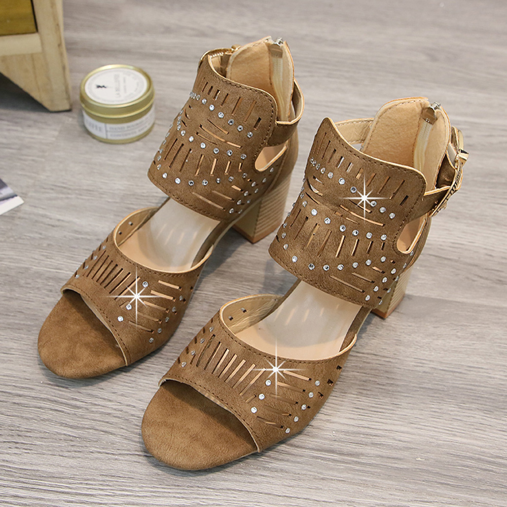 Womens Sandals Open Toe Ladies Hollow Chunky High Heel Roman Sandals Buckle Strap Cut Out Sandals Casual Beach Shoes