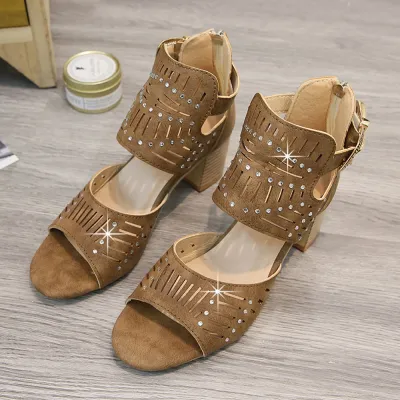 Womens Sandals Open Toe Ladies Hollow Chunky High Heel Roman Sandals Buckle Strap Cut Out Sandals Casual Beach Shoes 02